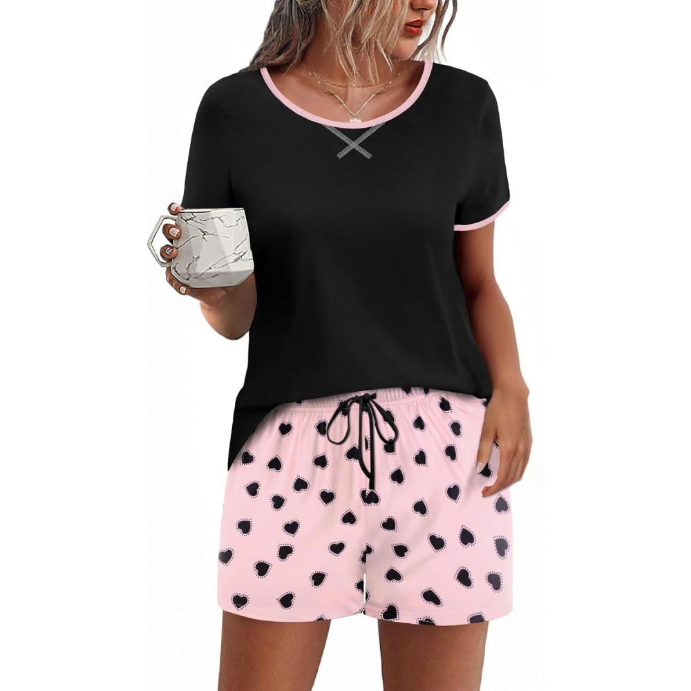 imageEkouaer Women Pajama Set Casual Short SetBlack Pink Heart