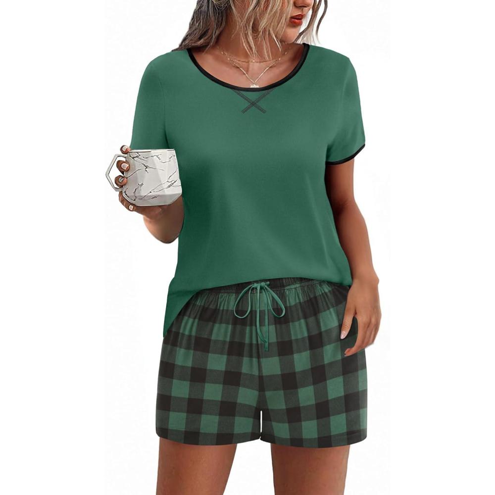 imageEkouaer Women Pajama Set Casual Short SetBlack and Green Plaid