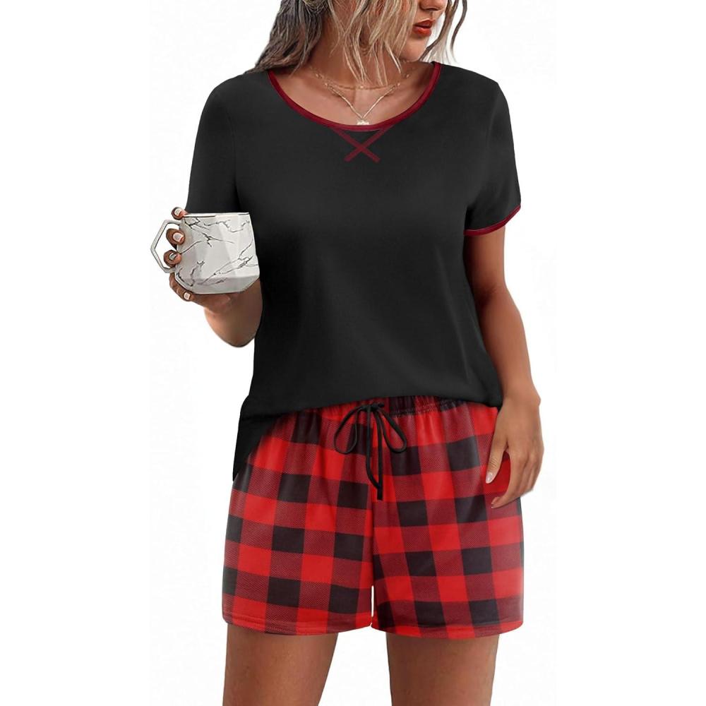 imageEkouaer Women Pajama Set Casual Short SetBlack and Red Plaid