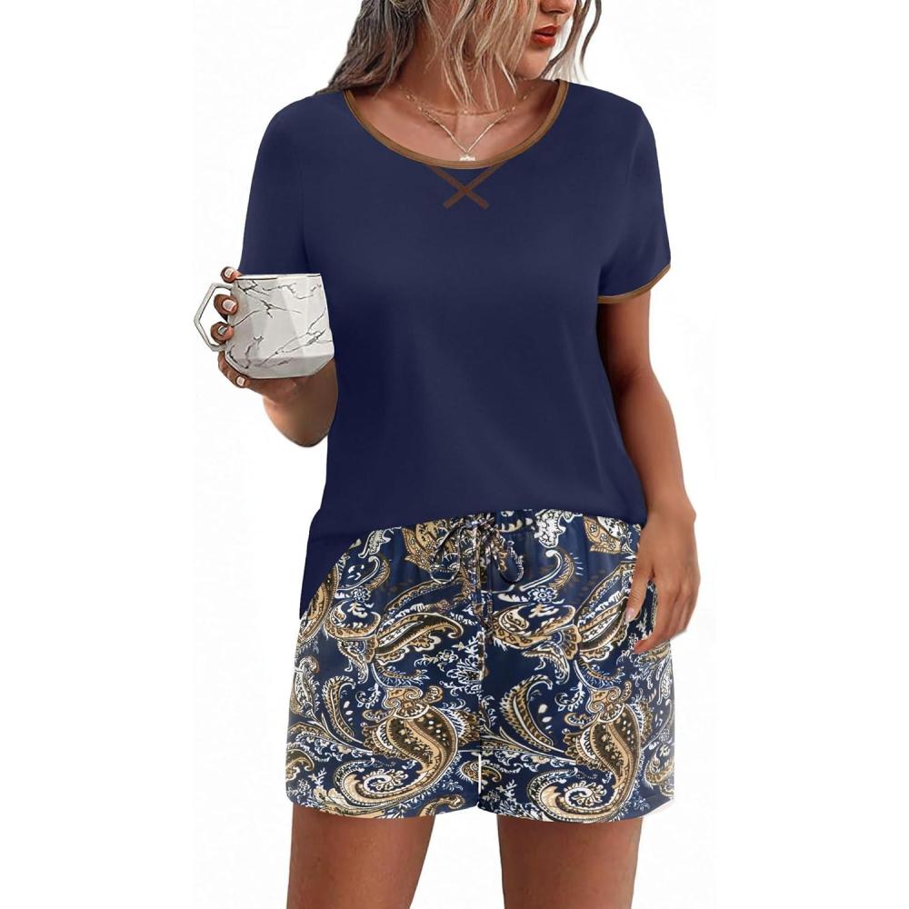 imageEkouaer Women Pajama Set Casual Short SetBlue Paisley Print