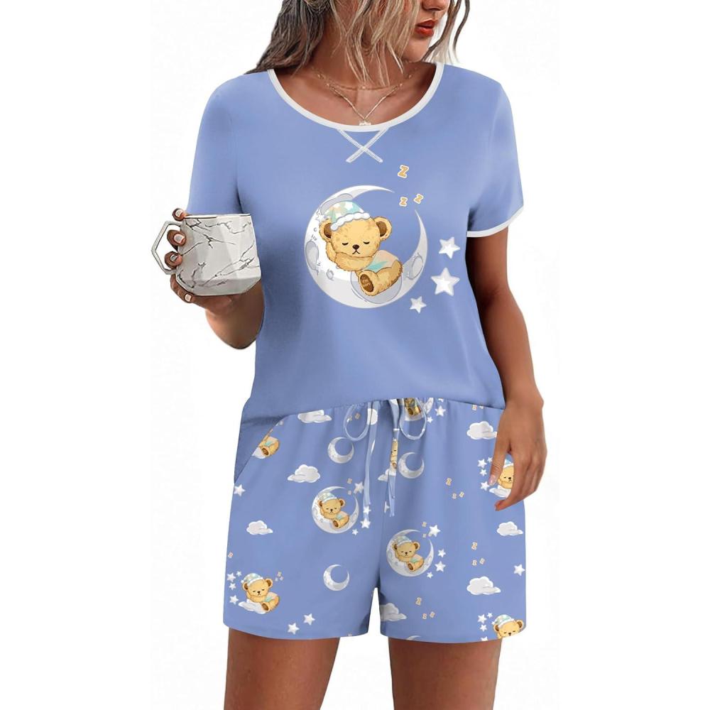 imageEkouaer Women Pajama Set Casual Short SetBluemoon Teddy Bear