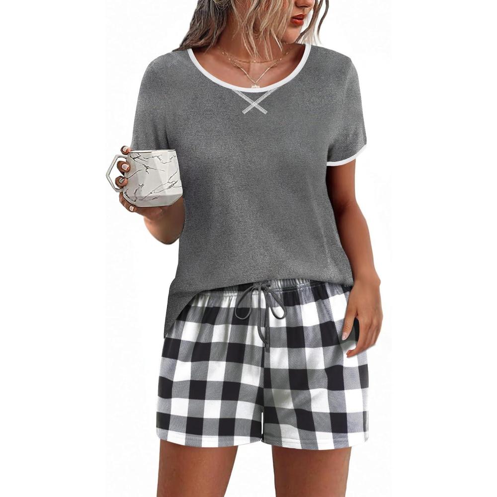 imageEkouaer Women Pajama Set Casual Short SetDark Grey and White Plaid