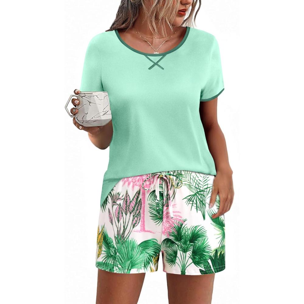imageEkouaer Women Pajama Set Casual Short SetGreen Hawaii Leaves