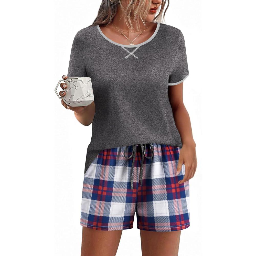 imageEkouaer Women Pajama Set Casual Short SetNavy Blue Black  Red Plaid