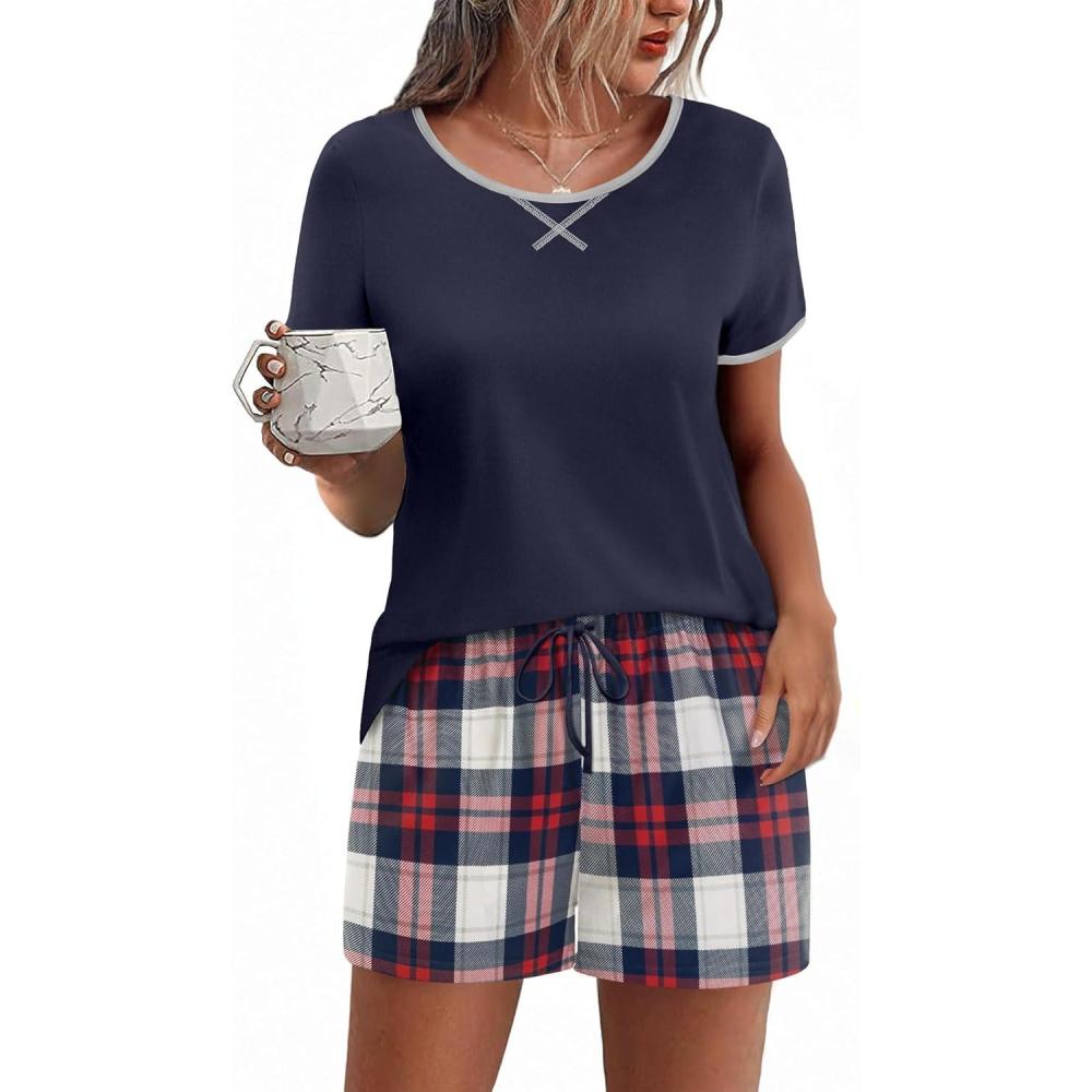 imageEkouaer Women Pajama Set Casual Short SetNavy Blue and Red Plaid