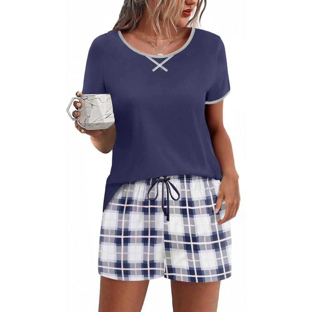 imageEkouaer Women Pajama Set Casual Short SetNavy Blue and White Plaid