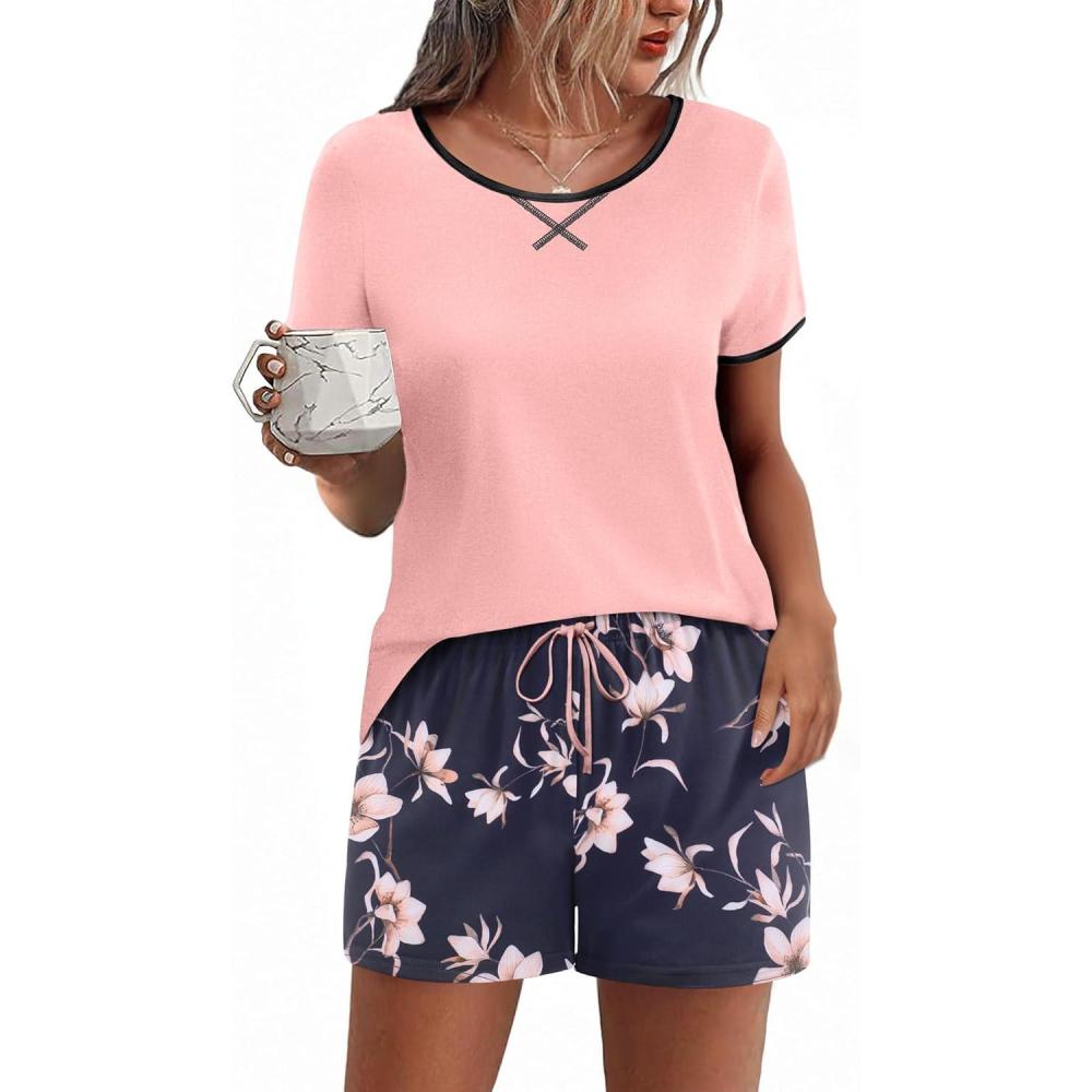 imageEkouaer Women Pajama Set Casual Short SetPink and Blue Flower