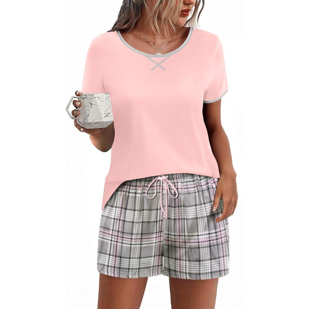 imageEkouaer Women Pajama Set Casual Short SetPink and Grey Plaid