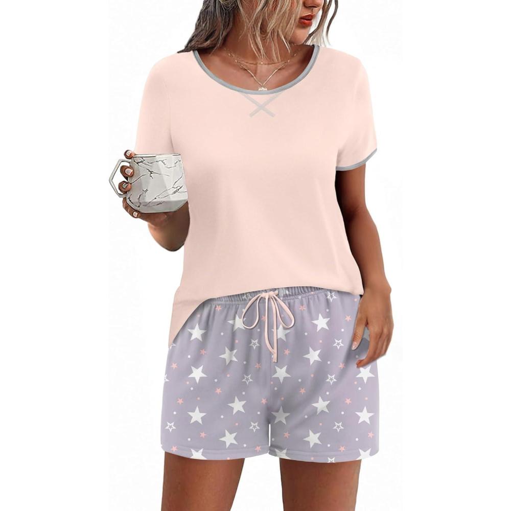imageEkouaer Women Pajama Set Casual Short SetPink and White Star