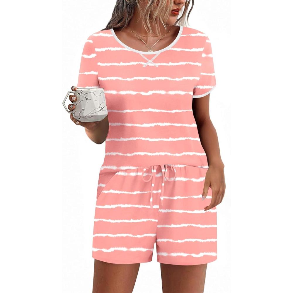 imageEkouaer Women Pajama Set Casual Short SetStripes Pink Wave
