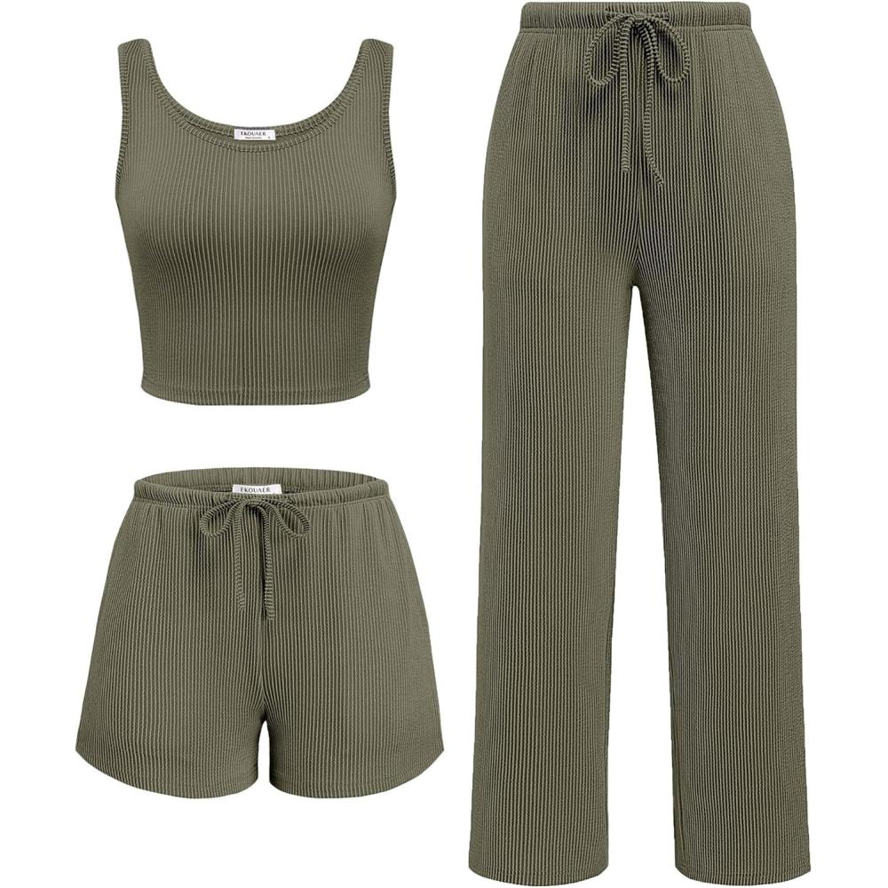 imageEkouaer Womens 3 Piece Lounge Set Ribbed Soft Pajama Set Crop Top Shorts amp Pants Vacation Outfits With PokcetArmy Green