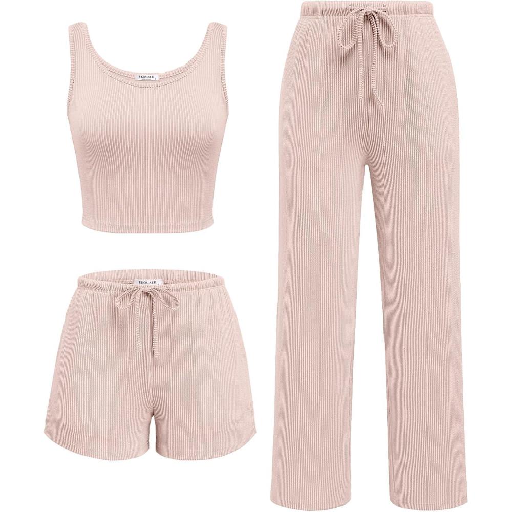 imageEkouaer Womens 3 Piece Lounge Set Ribbed Soft Pajama Set Crop Top Shorts amp Pants Vacation Outfits With PokcetChampagne