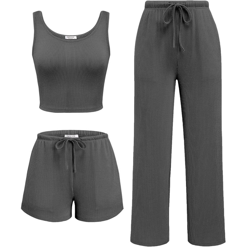 imageEkouaer Womens 3 Piece Lounge Set Ribbed Soft Pajama Set Crop Top Shorts amp Pants Vacation Outfits With PokcetDark Gery