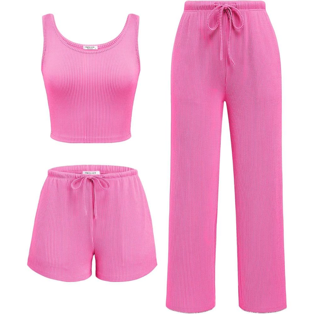 imageEkouaer Womens 3 Piece Lounge Set Ribbed Soft Pajama Set Crop Top Shorts amp Pants Vacation Outfits With PokcetHot Pink