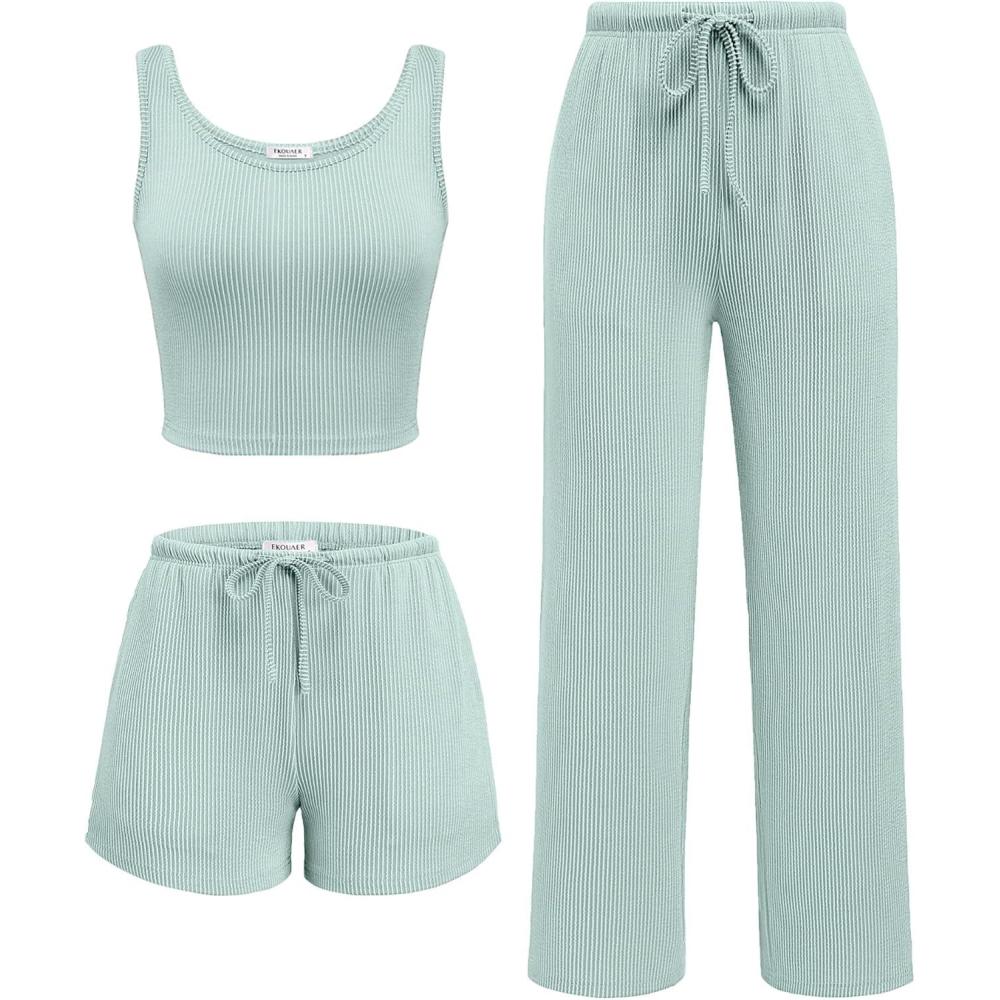 imageEkouaer Womens 3 Piece Lounge Set Ribbed Soft Pajama Set Crop Top Shorts amp Pants Vacation Outfits With PokcetIce Cream Green