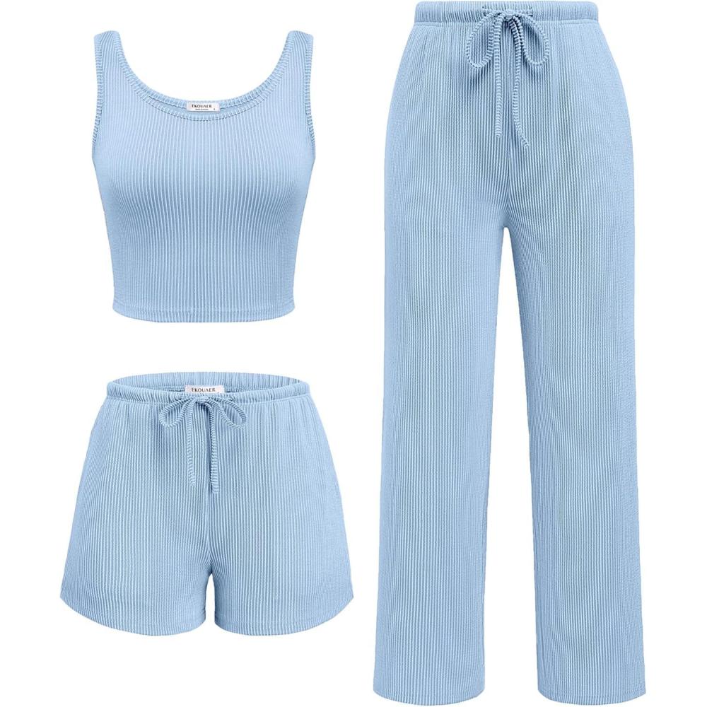imageEkouaer Womens 3 Piece Lounge Set Ribbed Soft Pajama Set Crop Top Shorts amp Pants Vacation Outfits With PokcetLight Blue