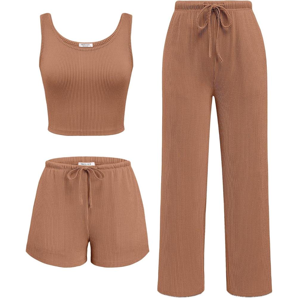 imageEkouaer Womens 3 Piece Lounge Set Ribbed Soft Pajama Set Crop Top Shorts amp Pants Vacation Outfits With PokcetLight Brown