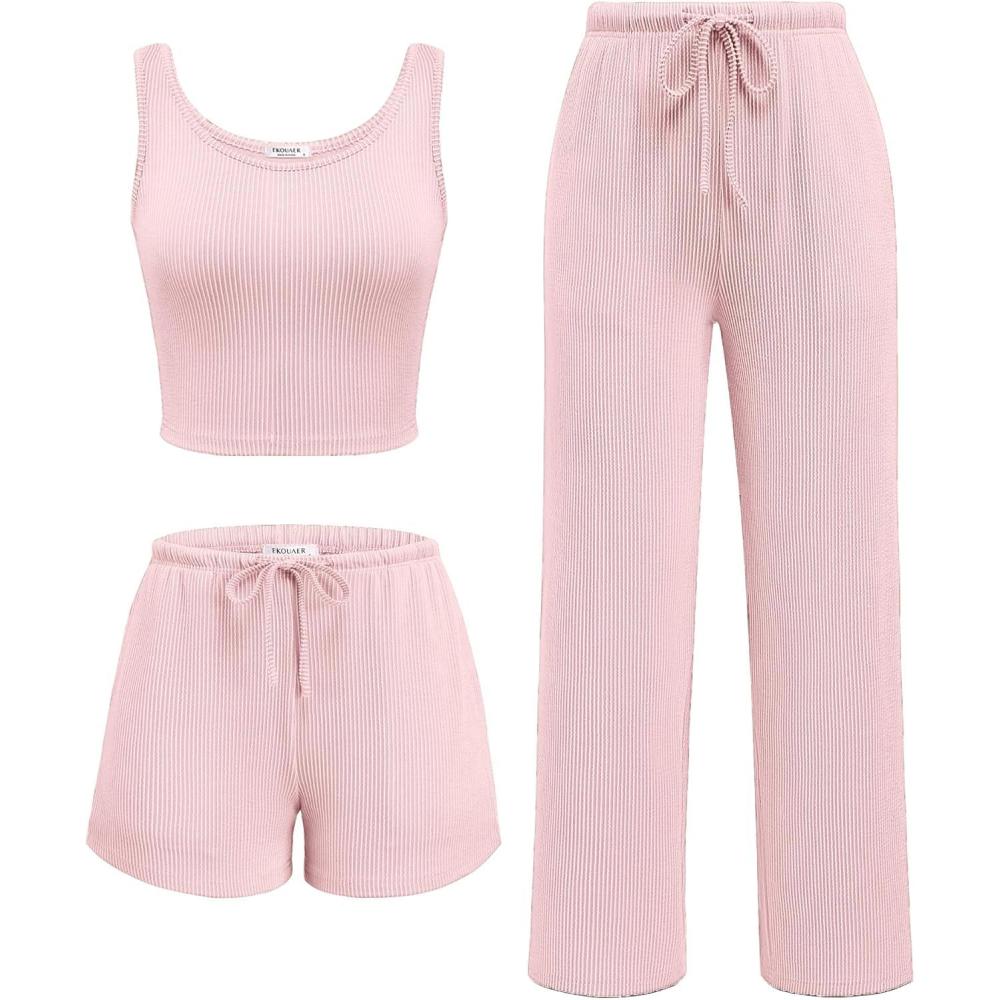 imageEkouaer Womens 3 Piece Lounge Set Ribbed Soft Pajama Set Crop Top Shorts amp Pants Vacation Outfits With PokcetLight Pink