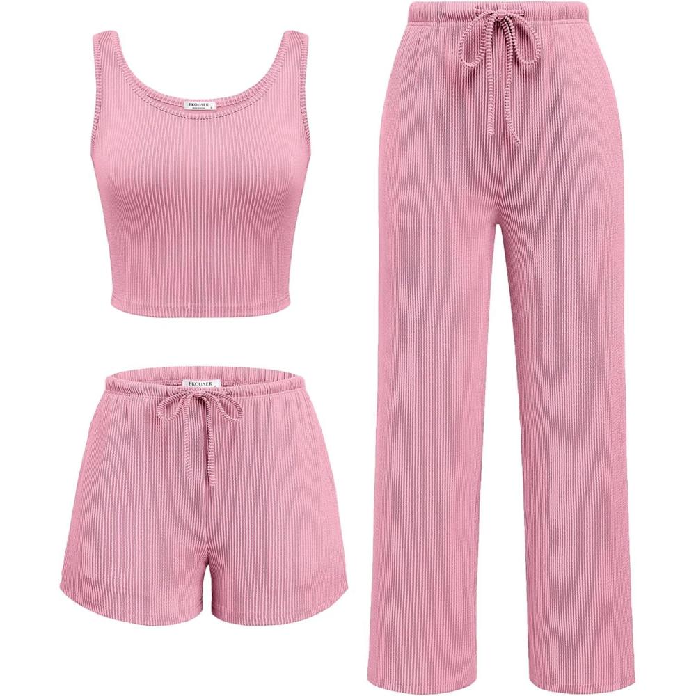 imageEkouaer Womens 3 Piece Lounge Set Ribbed Soft Pajama Set Crop Top Shorts amp Pants Vacation Outfits With PokcetPink