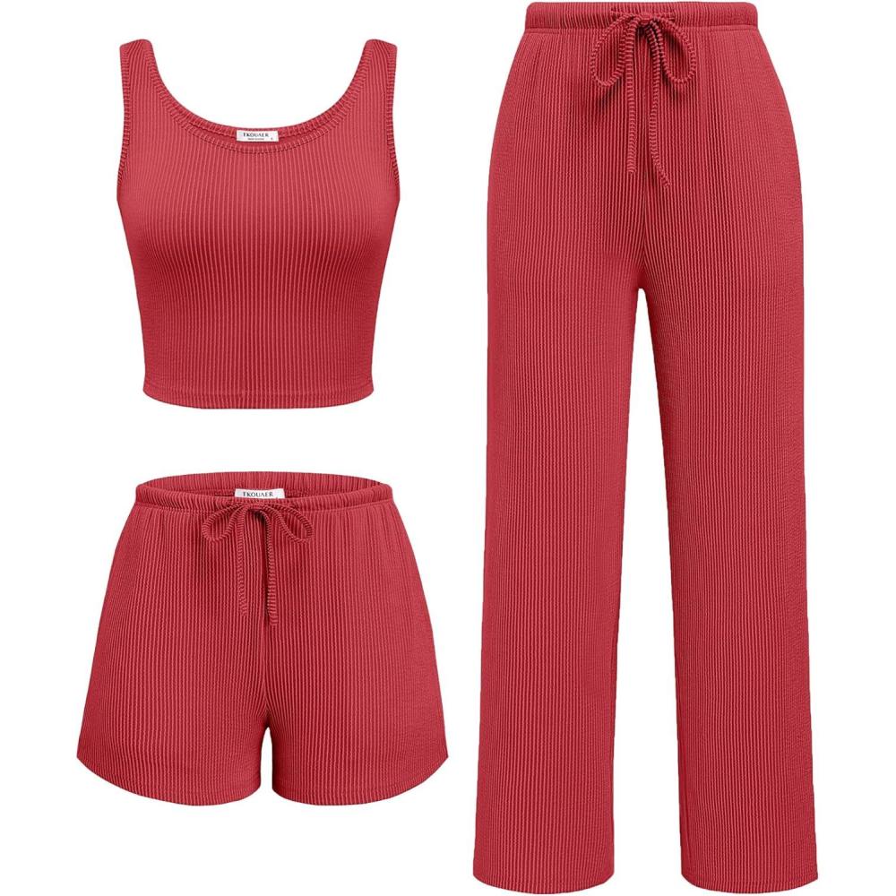 imageEkouaer Womens 3 Piece Lounge Set Ribbed Soft Pajama Set Crop Top Shorts amp Pants Vacation Outfits With PokcetRed