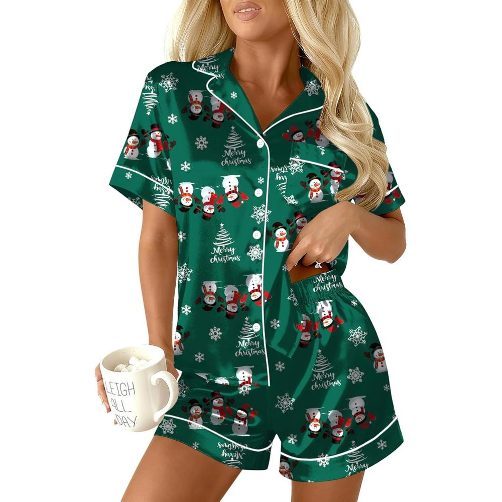 imageEkouaer Womens Christmas Pajamas Silk Satin Sleepwear Holiday Matching Pjs Funny Short Sleeve Button Down Nightwear Set SXXLChristmas Green Snowman