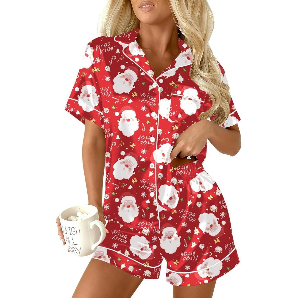 imageEkouaer Womens Christmas Pajamas Silk Satin Sleepwear Holiday Matching Pjs Funny Short Sleeve Button Down Nightwear Set SXXLChristmas Red Santa
