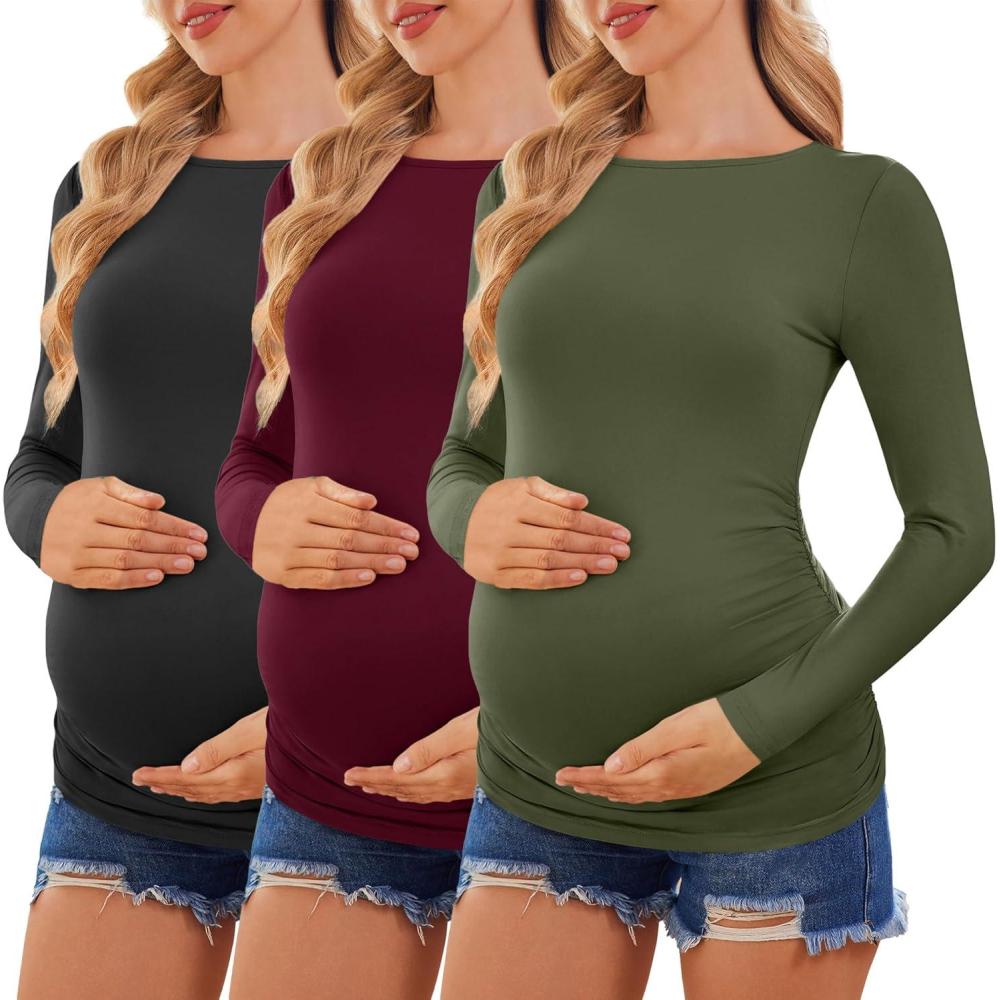 imageEkouaer Womens Maternity Shirts Boat Neck 3 Packs Pregnancy Tops Long Sleeve Tunic Tees Casual Blouse New Mama Clothes SXXLBlackDark RedArmy Green