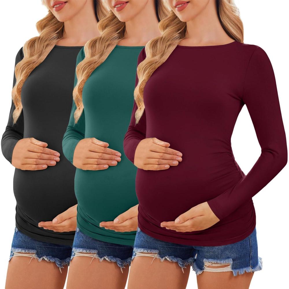 imageEkouaer Womens Maternity Shirts Boat Neck 3 Packs Pregnancy Tops Long Sleeve Tunic Tees Casual Blouse New Mama Clothes SXXLBlackDark RedLake Green