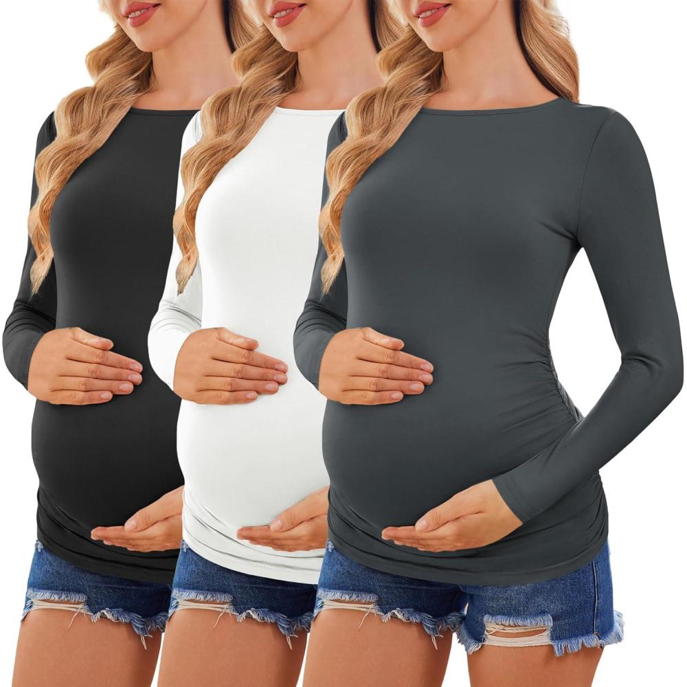 imageEkouaer Womens Maternity Shirts Boat Neck 3 Packs Pregnancy Tops Long Sleeve Tunic Tees Casual Blouse New Mama Clothes SXXLBlackWhiteDark Grey