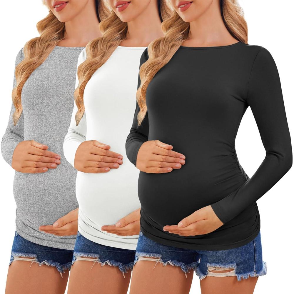 imageEkouaer Womens Maternity Shirts Boat Neck 3 Packs Pregnancy Tops Long Sleeve Tunic Tees Casual Blouse New Mama Clothes SXXLBlackWhiteLight Grey