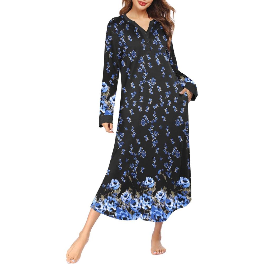 imageEkouaer Womens Nightgown Long Loungewear V Neck Nightshirt Sleepwear Full Length Sleepshirt with PocketsBlack Blue Floral