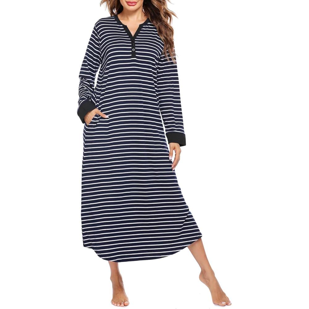 imageEkouaer Womens Nightgown Long Loungewear V Neck Nightshirt Sleepwear Full Length Sleepshirt with PocketsBlack Stripe