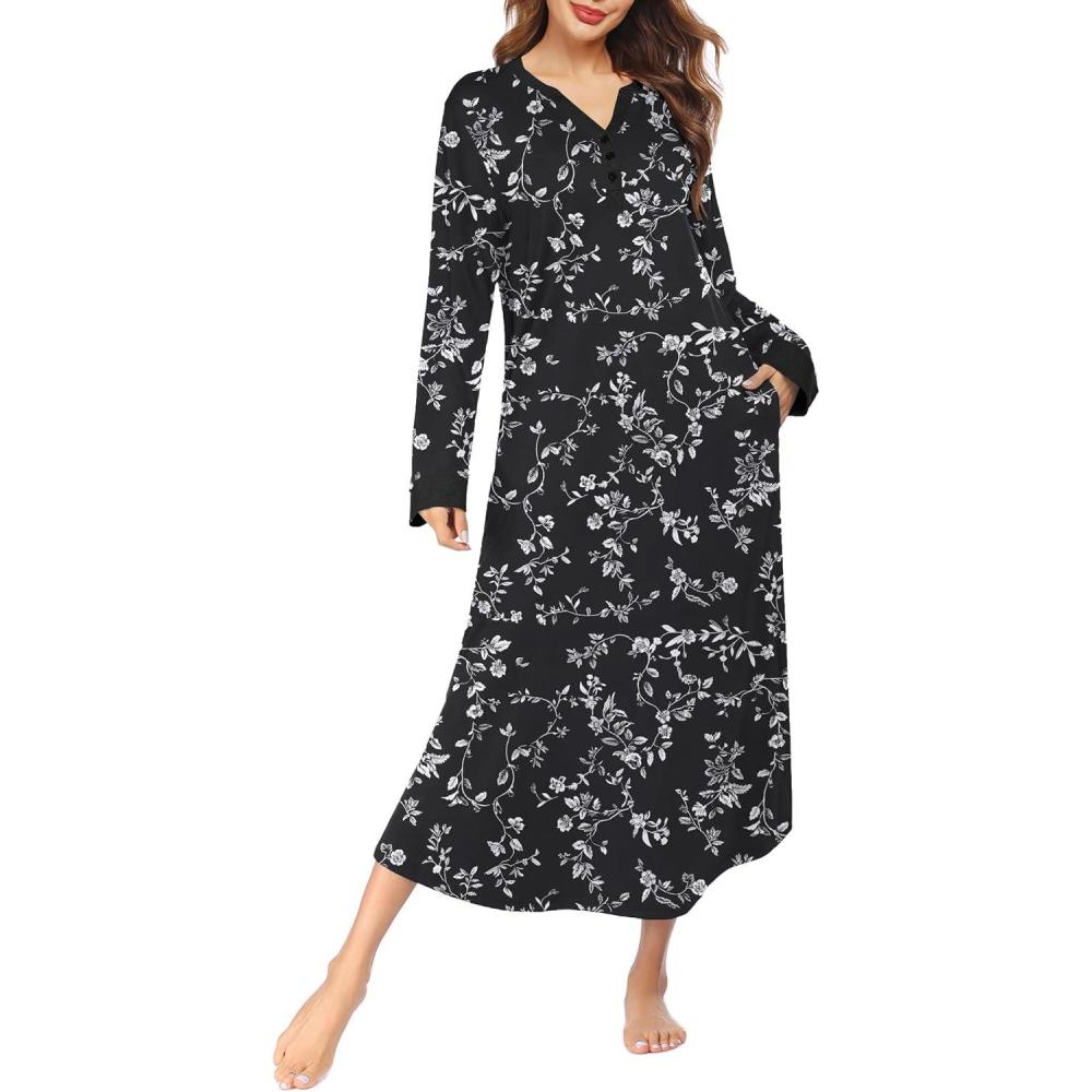 imageEkouaer Womens Nightgown Long Loungewear V Neck Nightshirt Sleepwear Full Length Sleepshirt with PocketsBlack White Floral