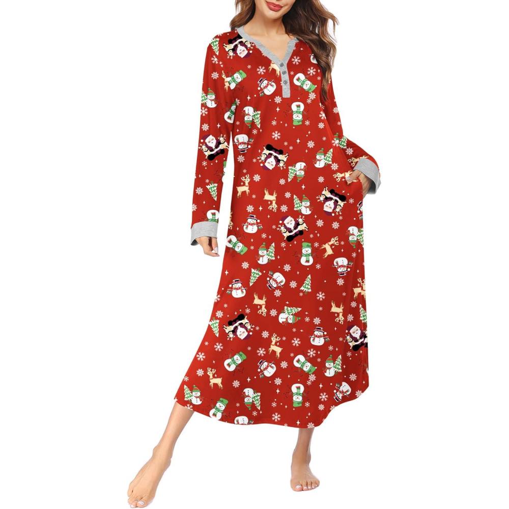 imageEkouaer Womens Nightgown Long Loungewear V Neck Nightshirt Sleepwear Full Length Sleepshirt with PocketsChristmas Red With Santa