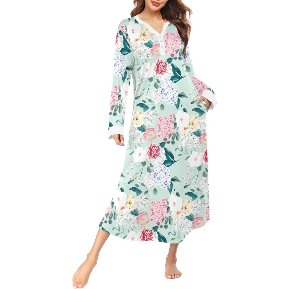 imageEkouaer Womens Nightgown Long Loungewear V Neck Nightshirt Sleepwear Full Length Sleepshirt with PocketsGreen Pink Flower