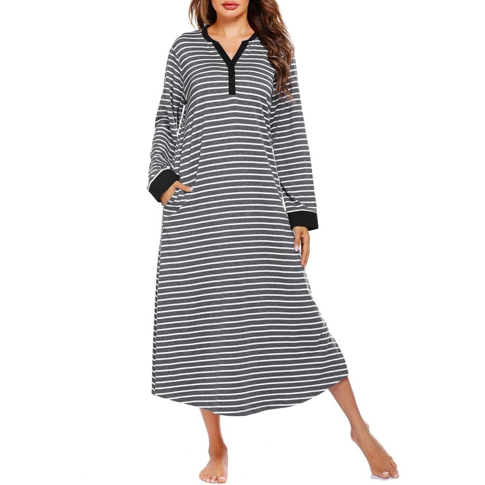 imageEkouaer Womens Nightgown Long Loungewear V Neck Nightshirt Sleepwear Full Length Sleepshirt with PocketsGrey White Striped