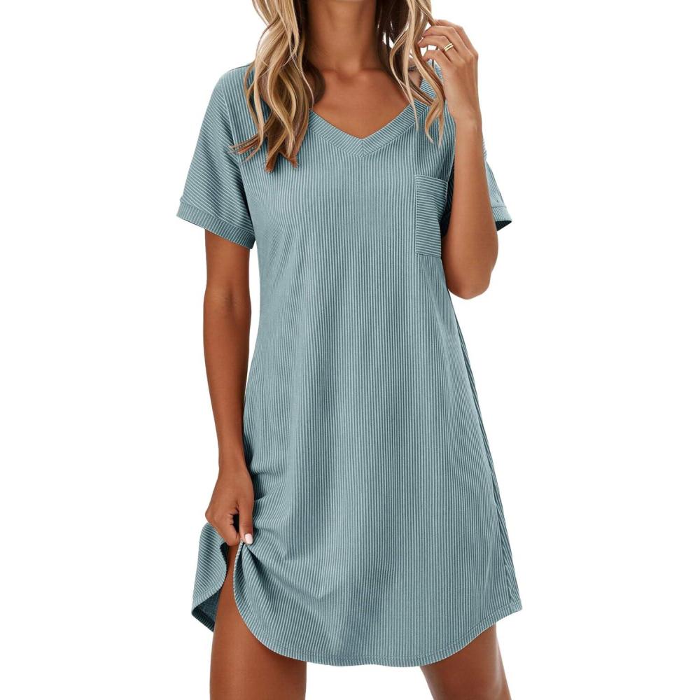 imageEkouaer Womens Nightgowns Short Sleeve Sleepshirt V Neck Top Shirt Dress Soft Nightshirts Loose Loungewear S3XLGreen