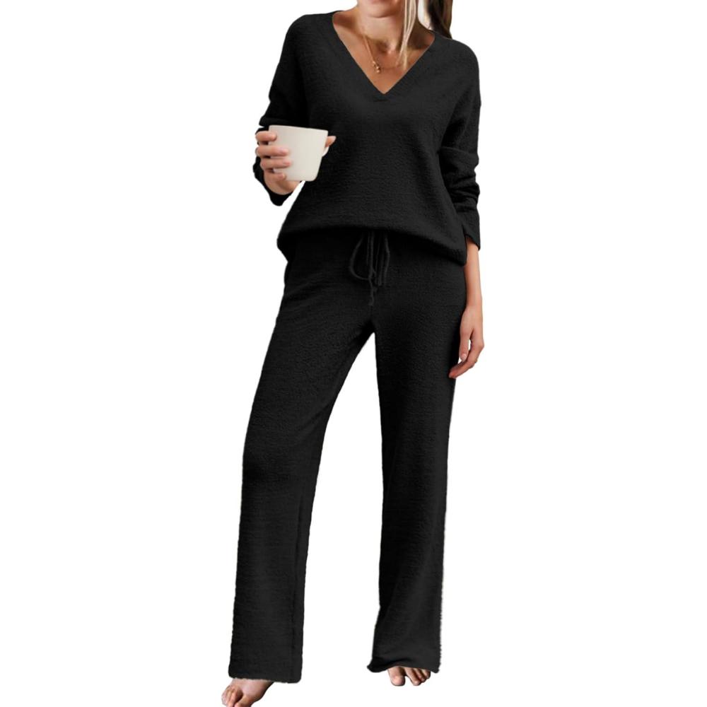 imageEkouaer Womens Pajama Sets Fuzzy Fleece Sleepwear Long Sleeve Pjs 2 Piece Lounge Set Fall Outfits Sweater Nightwear SXXLBlack