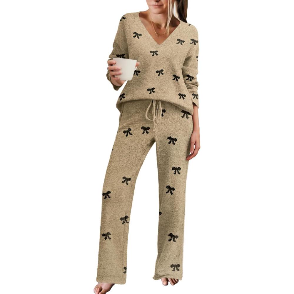 imageEkouaer Womens Pajama Sets Fuzzy Fleece Sleepwear Long Sleeve Pjs 2 Piece Lounge Set Fall Outfits Sweater Nightwear SXXLBow