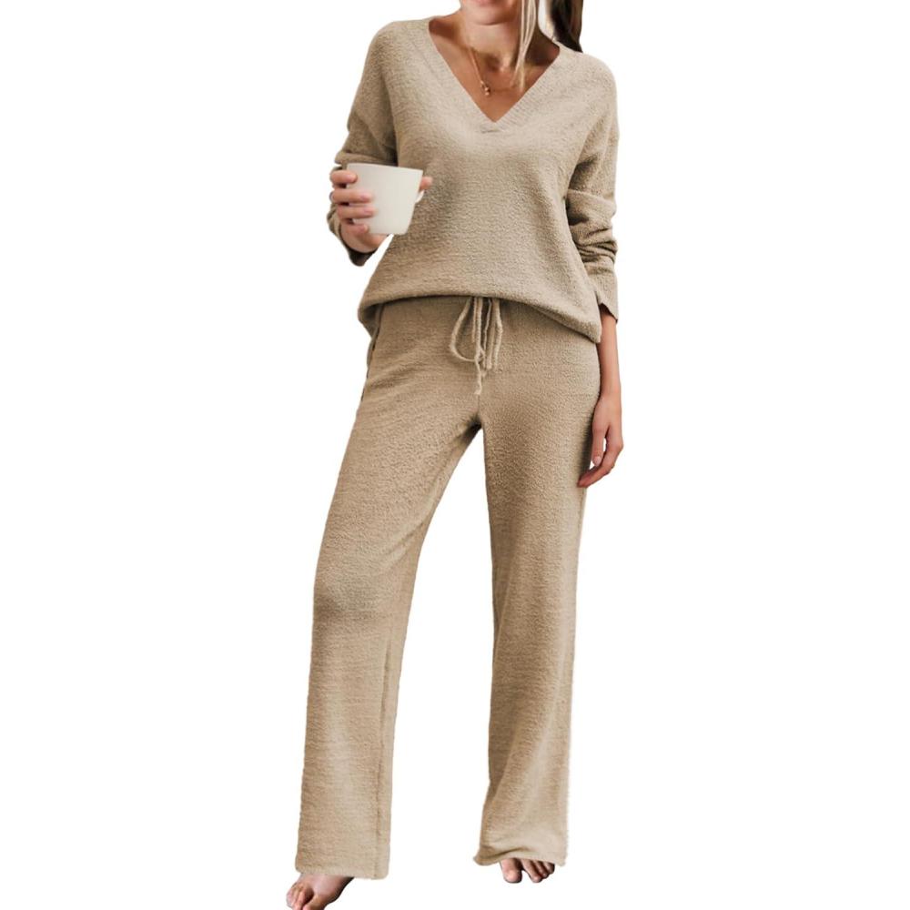 imageEkouaer Womens Pajama Sets Fuzzy Fleece Sleepwear Long Sleeve Pjs 2 Piece Lounge Set Fall Outfits Sweater Nightwear SXXLKhaki