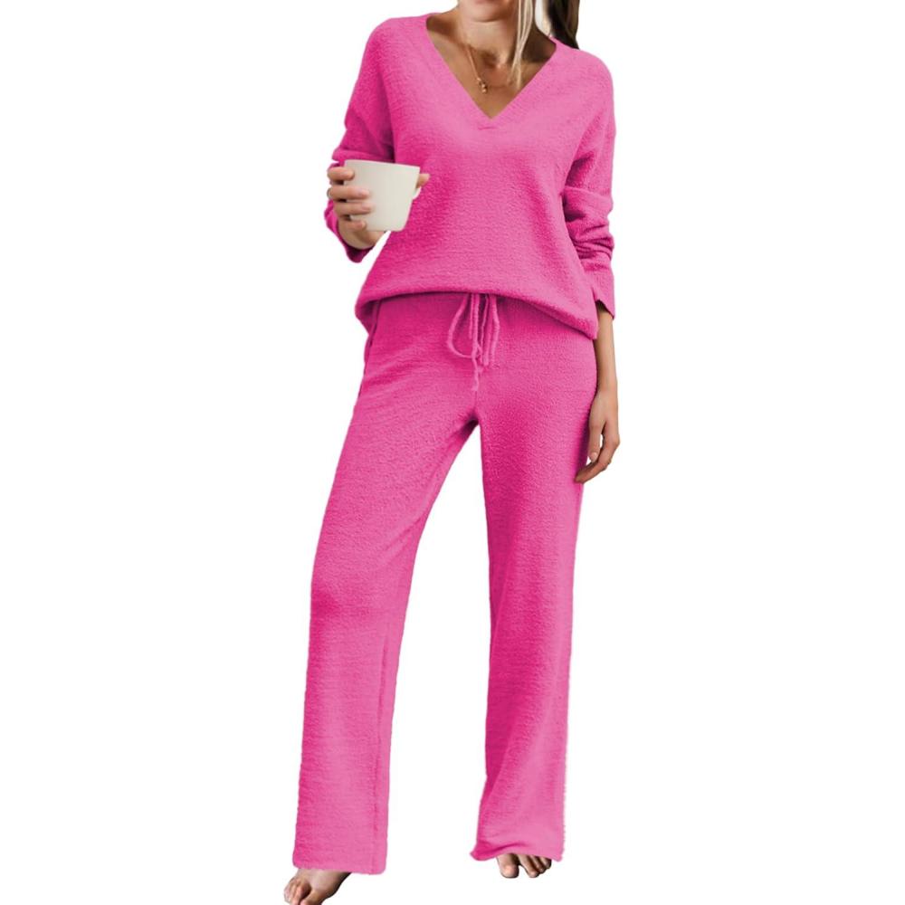 imageEkouaer Womens Pajama Sets Fuzzy Fleece Sleepwear Long Sleeve Pjs 2 Piece Lounge Set Fall Outfits Sweater Nightwear SXXLRose