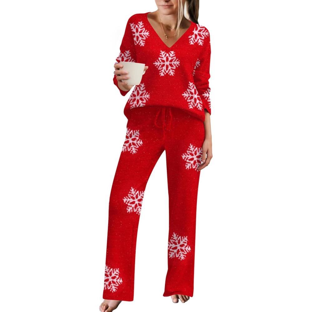 imageEkouaer Womens Pajama Sets Fuzzy Fleece Sleepwear Long Sleeve Pjs 2 Piece Lounge Set Fall Outfits Sweater Nightwear SXXLWhite Snowflake