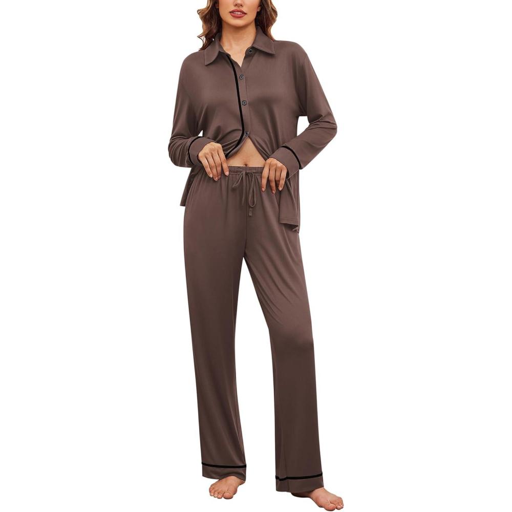 imageEkouaer Womens Pajama Sets Long Sleeve Sleepwear Soft Button Down Pjs 2 Piece Loungewear witn Pants SXXLBrown