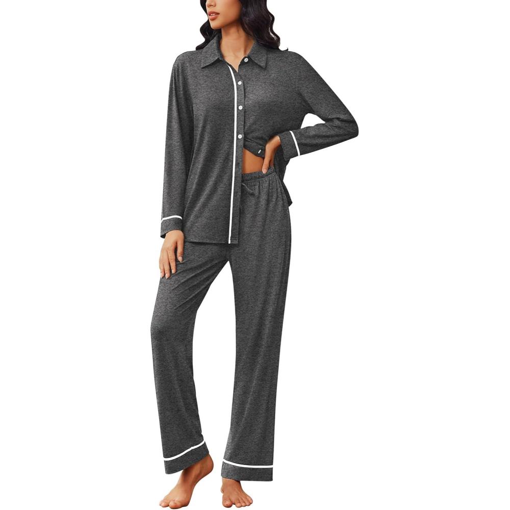 imageEkouaer Womens Pajama Sets Long Sleeve Sleepwear Soft Button Down Pjs 2 Piece Loungewear witn Pants SXXLDark Grey