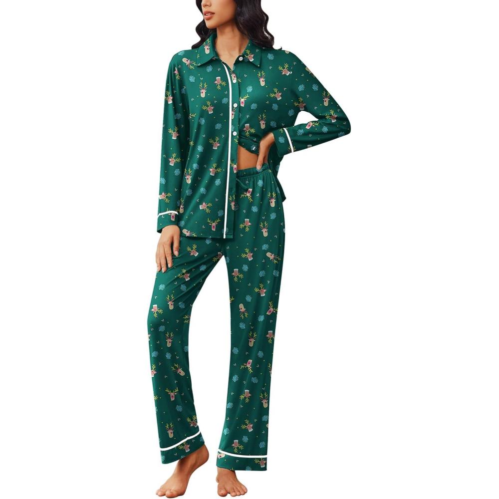 imageEkouaer Womens Pajama Sets Long Sleeve Sleepwear Soft Button Down Pjs 2 Piece Loungewear witn Pants SXXLGreen Elk