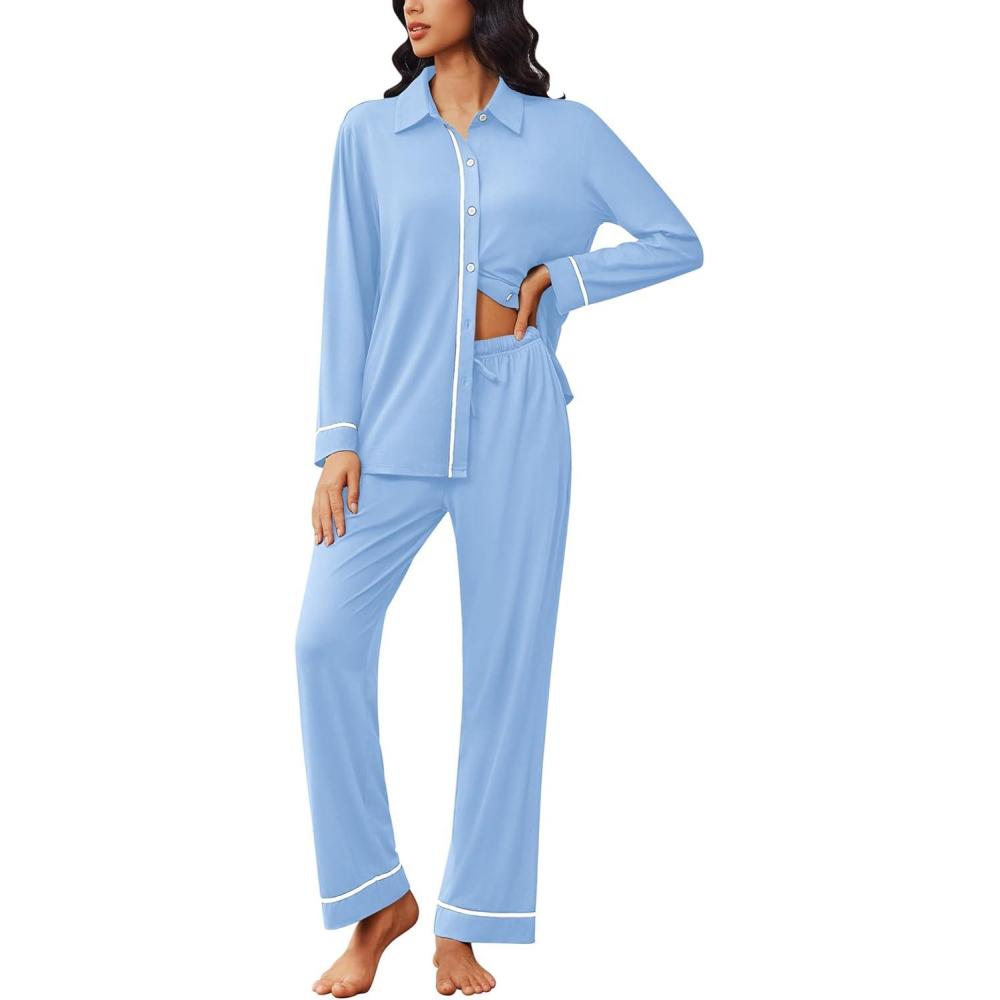 imageEkouaer Womens Pajama Sets Long Sleeve Sleepwear Soft Button Down Pjs 2 Piece Loungewear witn Pants SXXLLight Blue