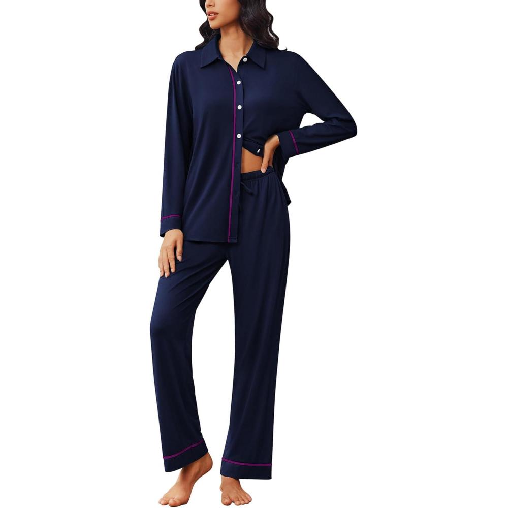 imageEkouaer Womens Pajama Sets Long Sleeve Sleepwear Soft Button Down Pjs 2 Piece Loungewear witn Pants SXXLNavy