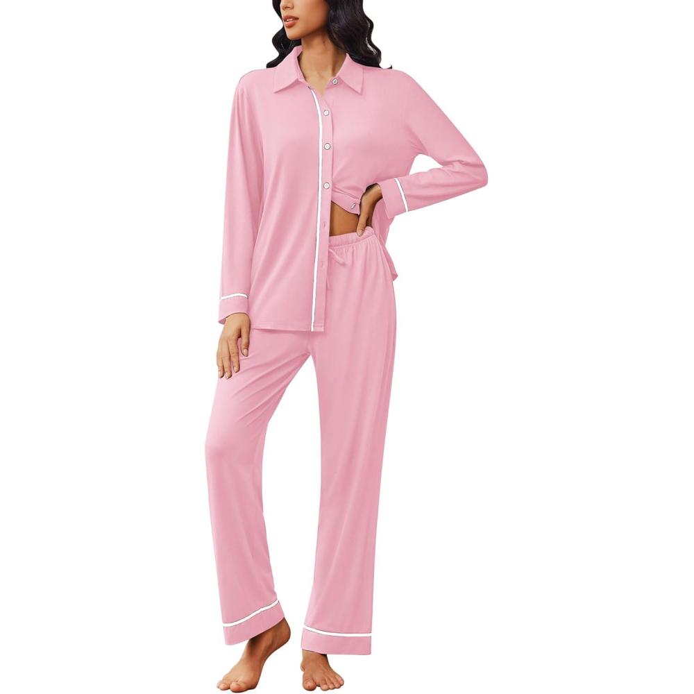 imageEkouaer Womens Pajama Sets Long Sleeve Sleepwear Soft Button Down Pjs 2 Piece Loungewear witn Pants SXXLPink