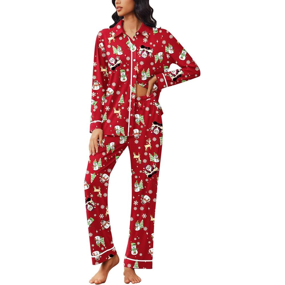 imageEkouaer Womens Pajama Sets Long Sleeve Sleepwear Soft Button Down Pjs 2 Piece Loungewear witn Pants SXXLRed Santa