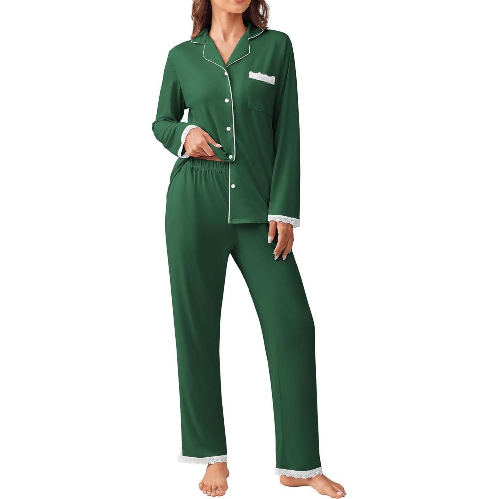 imageEkouaer Womens Pajamas Set Long Sleeve Sleepwear Button Down Lounge Set 2 Pieces Soft Nightwear Lace Pjs SetDeep Green